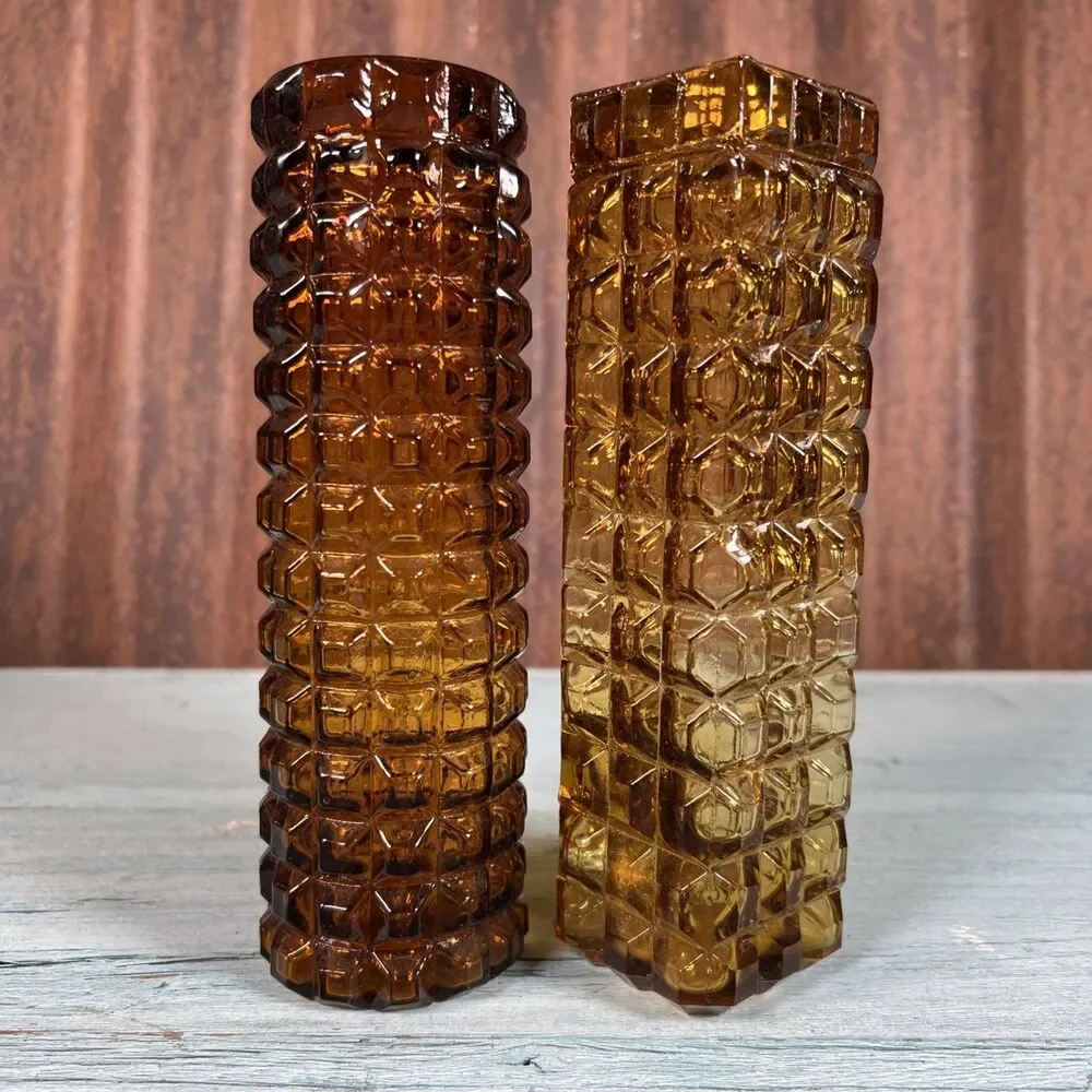 Vintage Mid Century Amber Glass Vases Pair Brutalist Geometric Textured MCM 70s